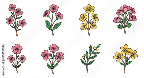 Collection of delicate pink floral sprigs with green stems and leaves