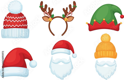 Collection of festive christmas hats and reindeer antlers headband for holiday celebrations and winter season dressing up