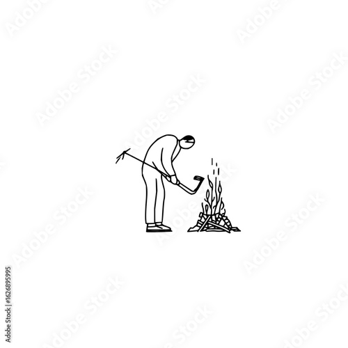Person tending a campfire with tools in a minimalist line drawing on a white background illustration