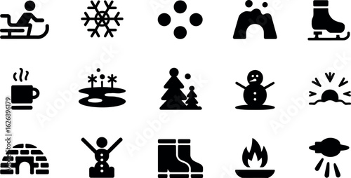 Winter Activities Icon Set:  Simple Black Glyph Style Graphics
