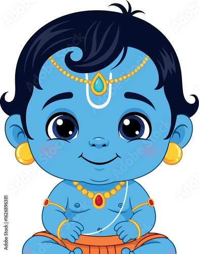 Adorable cartoon illustration of baby with a blue complexion dark curly hair and traditional smiling sweetly