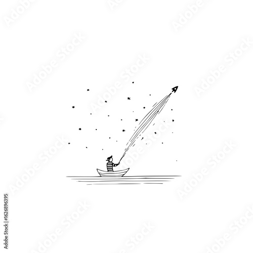 Person in boat launches rocket into starry sky with stick in simple black and white illustration