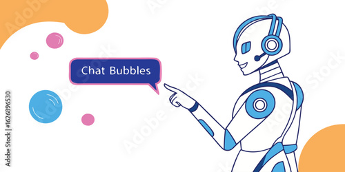 Robot pointing to chat bubbles, illustration