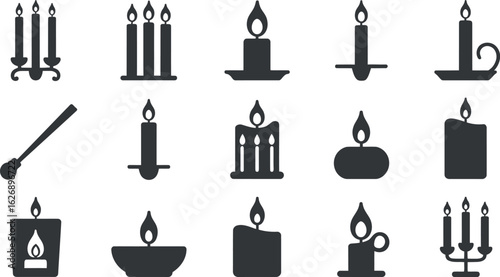 Collection of Simple Candle Icons:  Various Styles, Dark Grey, Peaceful Mood