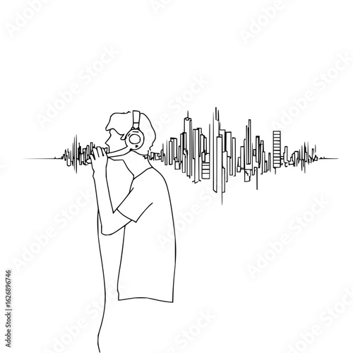 Person with headphones and microphone in front of skyline and sound waves line art illustration