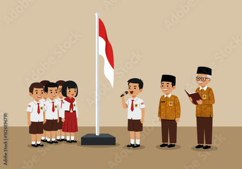 Indonesian School Children Pledge Allegiance at Flag Raising Ceremony.