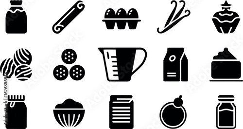 Baking Ingredients Icons:  Simple Black Glyph Style, Sweet Mood