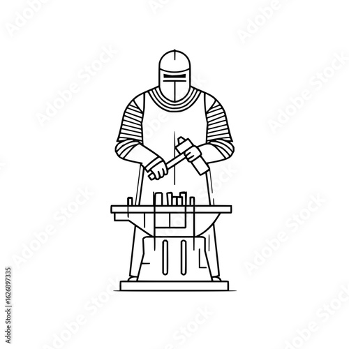 Line art illustration of a knight in armor using a hammer on an anvil with metal rods on top of it