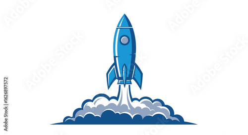 Blue Rocket Launching with Smoke Trail Illustration.