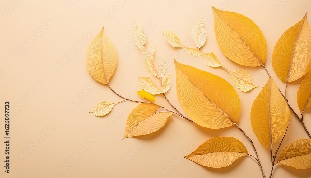 Fototapeta premium delicate yellow foliage adorns a soft beige background evoking a sense of calm and tranquility in nature inspired artistry