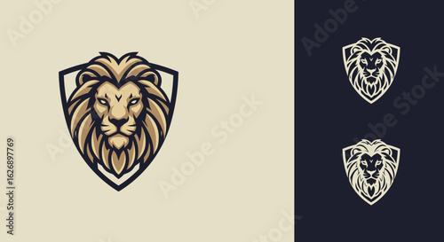 Lion Head Logo with Shield Golden Mane and Sharp Eyes.