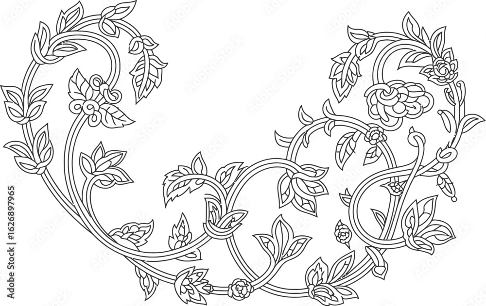 Fototapeta premium Elegant Monochrome Floral Design: Intricate Line Art, Vintage Style, Decorative Corner Element.