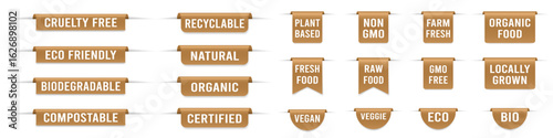 Set of brown bookmarks. Biodegradable, sustainable, eco-friendly labels. Locally grown, cruelty free, farm fresh. Vegan, plant based	