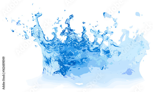 blue water splash on a clean white transparent background, dripping liquid with fresh motion, natural bubbles, flowing ripple, clear purity, cold wave, macro water droplet splash