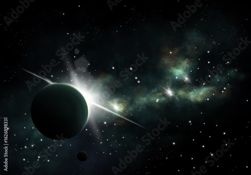 Planet mit einem Mond vor seiner hell leuchtenden Sonne und einem Sternennebel