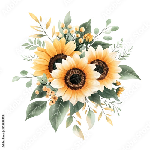 Beautiful watercolor bouquet of vibrant yellow sunflowers with green leaves and delicate small flowers isolated on transparent background