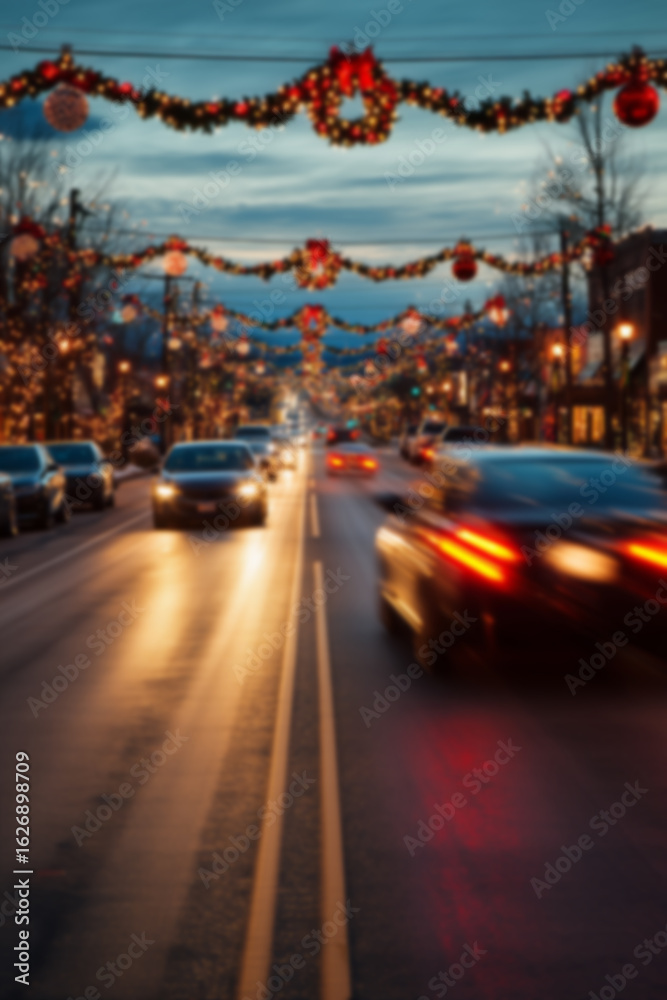 Fototapeta premium Blurred background of cars driving down street decorated with Christmas lights and festive ornaments, glowing garlands hanging above road, evening scene with warm colorful lighting.