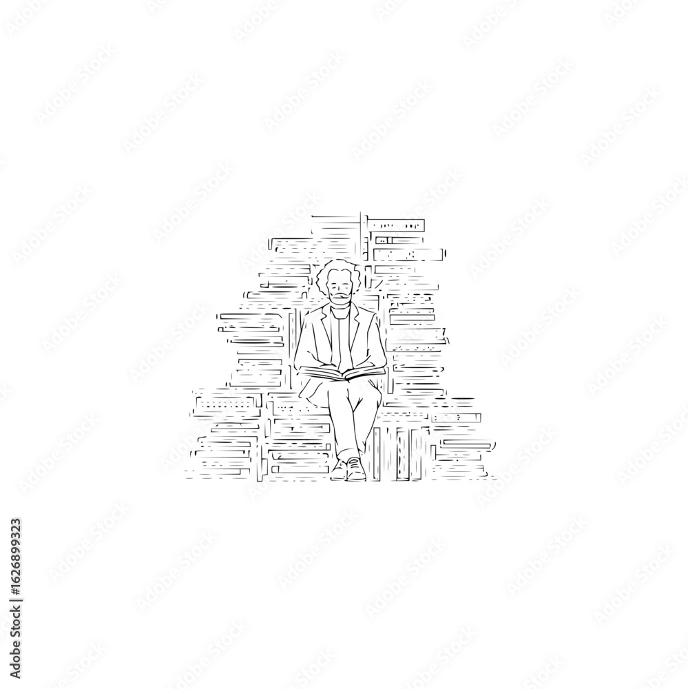 Obraz premium Line art of a man with beard sitting on a stack of books and reading a book in black and white style
