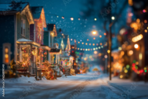 Blurred background with cozy streets and houses decorated for Christmas with colorful lights, wreaths, garlands, and glowing ornaments, snowy ground setting a warm festive atmosphere in the evening.