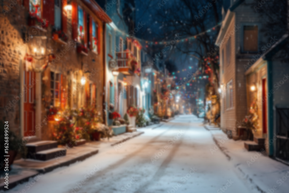 Fototapeta premium Blurred background with cozy streets and houses decorated for Christmas with colorful lights, wreaths, garlands, and glowing ornaments, snowy ground setting a warm festive atmosphere in the evening.