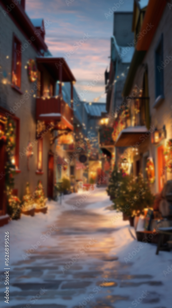 Fototapeta premium Blurred background with cozy streets and houses decorated for Christmas with colorful lights, wreaths, garlands, and glowing ornaments, snowy ground setting a warm festive atmosphere in the evening.