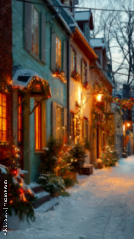 Fototapeta premium Blurred background with cozy streets and houses decorated for Christmas with colorful lights, wreaths, garlands, and glowing ornaments, snowy ground setting a warm festive atmosphere in the evening.