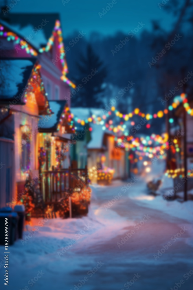 Fototapeta premium Blurred background with cozy streets and houses decorated for Christmas with colorful lights, wreaths, garlands, and glowing ornaments, snowy ground setting a warm festive atmosphere in the evening.