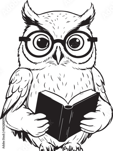 Wise Owl Reading: An insightful owl, adorned with spectacles, delves into the pages of a book, symbolizing wisdom and knowledge, ideal for any educational context.
