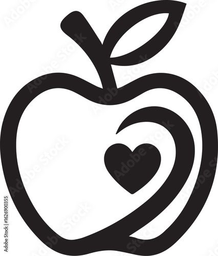 Healthy Apple Icon: A simple, elegant icon depicting a wholesome apple with a heart, symbolizing health, wellness, and vitality in a clean, minimalist design.