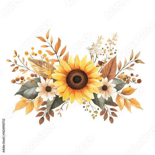 Beautiful watercolor arrangement of sunflowers and autumn leaves creating a charming floral border isolated on transparent background