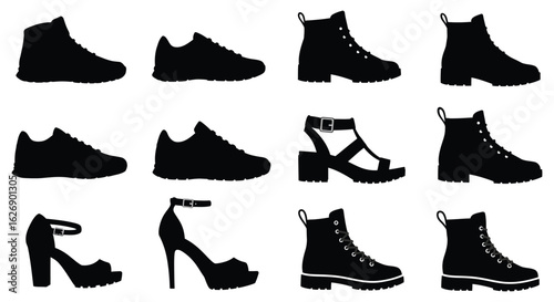 Collection of black silhouette footwear including boots sneakers and high heel sandals