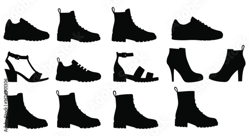 Collection of diverse black footwear silhouettes including boots sandals and sneakers on a white background