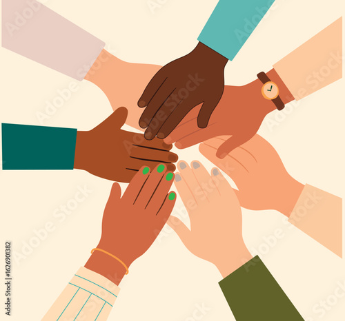Ilustración vectorial minimalista de varias manos de diferentes tonos de piel unidas en un círculo,  inclusión, diversidad cultural, igualdad y trabajo en equipo.  recursos humanos, ONGs