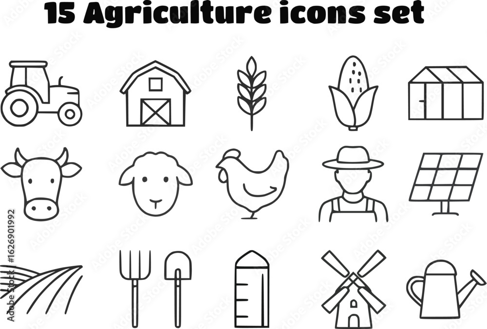 Fototapeta premium 15 agriculture icons set featuring tractor, barn, wheat, corn, greenhouse, cow, sheep, chicken, farmer, solar panel, field, pitchfork, shovel, silo, windmill, and watering can, arranged in three rows,