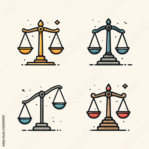 Balance Scales in Various Styles Justice and Law Symbol Equality and Legal Concepts Illustration