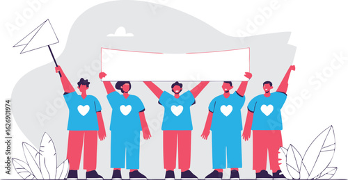 Diverse Group of People Holding Banner in Matching Blue Shirts Illustration
