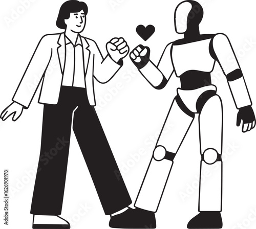 Person and robot fist bump with heart symbol technology