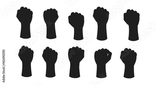 Collection of black silhouette fists raised in solidarity and protest against a white background
