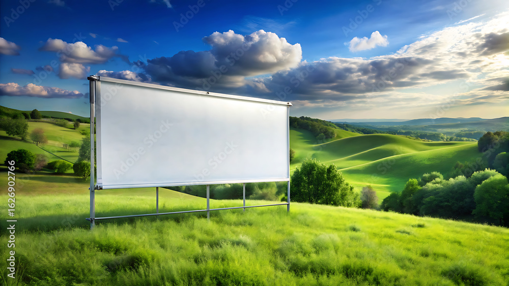 Obraz premium Blank billboard in a green landscape with rolling hills and a cloudy sky at sunset