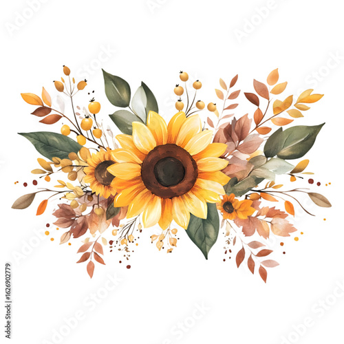 Beautiful watercolor arrangement of bright yellow sunflowers and autumn leaves with small berries isolated on transparent background