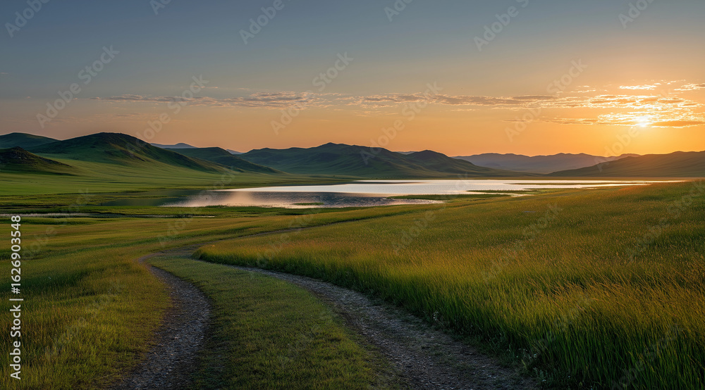 Fototapeta premium A beautiful sunset over the grassy hills of Mongolian Flamingo Lake, with an old dirt road leading to it