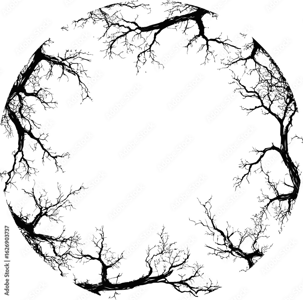 Obraz premium Circular arrangement of bare tree branches creating an ornate frame design. Vector illustration