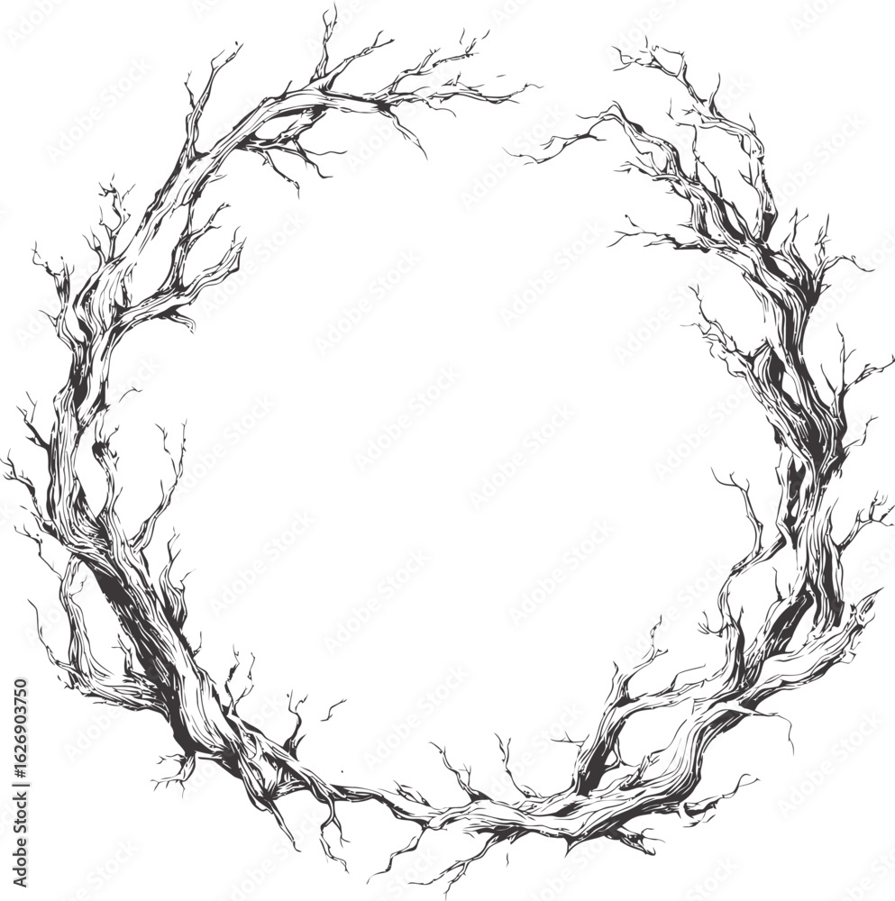 Circular black and white tree branch frame with artistic intricate details. Vector illustration
