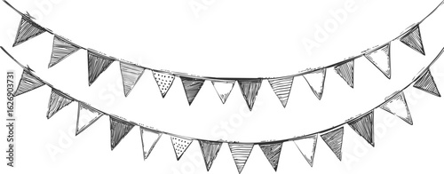 Black and white sketch of triangular party banner with various patterns. Vector illustration