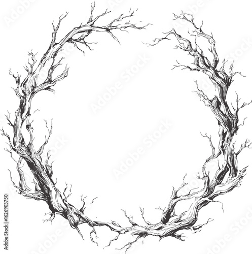 Circular black and white tree branch frame with artistic intricate details. Vector illustration