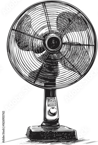 Vintage black and white illustration of an electric desk fan sketch. Vector illustration