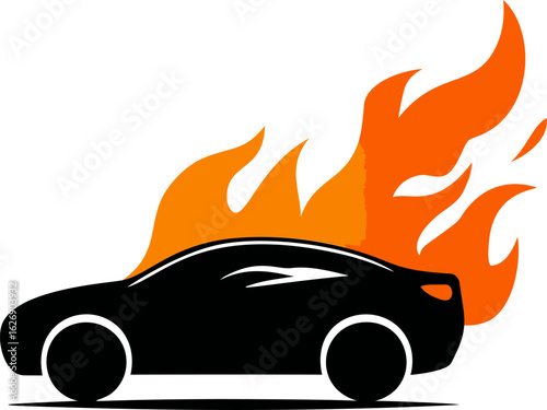 Silhouette of a burning car with orange flames. Vector illustration