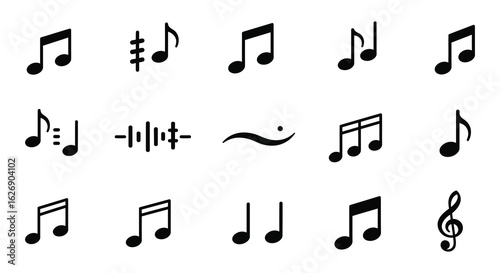 Collection of black musical notes and symbols on a white background representing music and sound