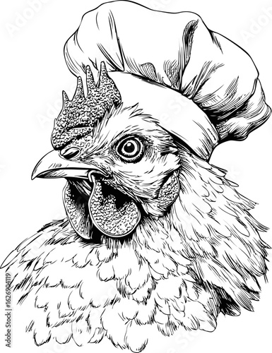 Chicken in a chef's hat detailed black and white sketch, whimsical art. Vector illustration