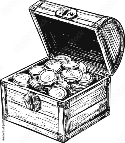 Wooden treasure chest filled with coins in black and white sketch. Vector illustration